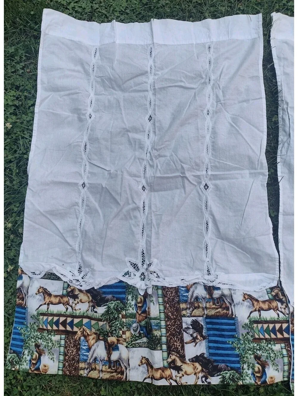 Vintage Embroidered Cutwork Tablecloth Horse Western Kitchen Curtain Panels Set